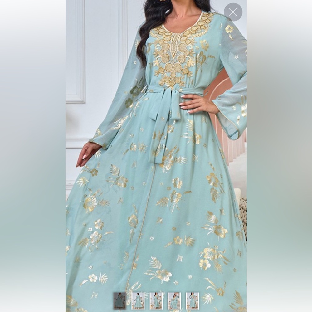 Chic Gold-Embroidered Long Sleeve Dress Large
